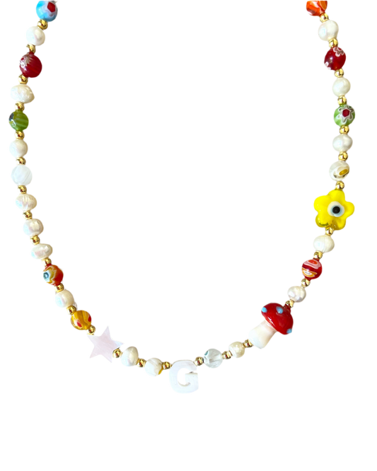 Kid Initial Necklace (Millefiori and Pearls)